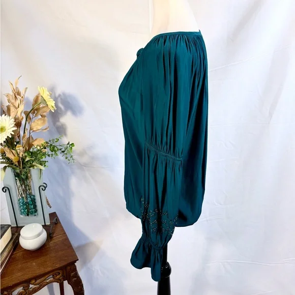 Ramy Brook Teal Embellished V Neck Gathered Sleeve Blouse Sz Medium🧡 - Picture 6 of 10